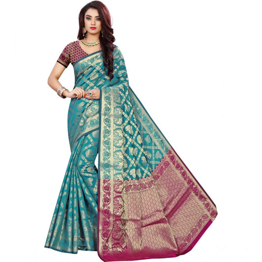 Generic Women's Jacquard Woven Saree With Unstitched Blouse 5.5Mtr (Light Blue)