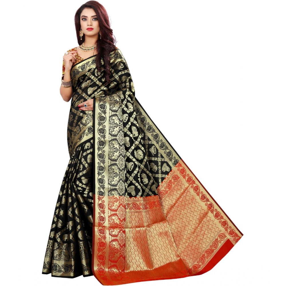 Generic Women's Jacquard Woven Saree With Unstitched Blouse 5.5Mtr (Black)