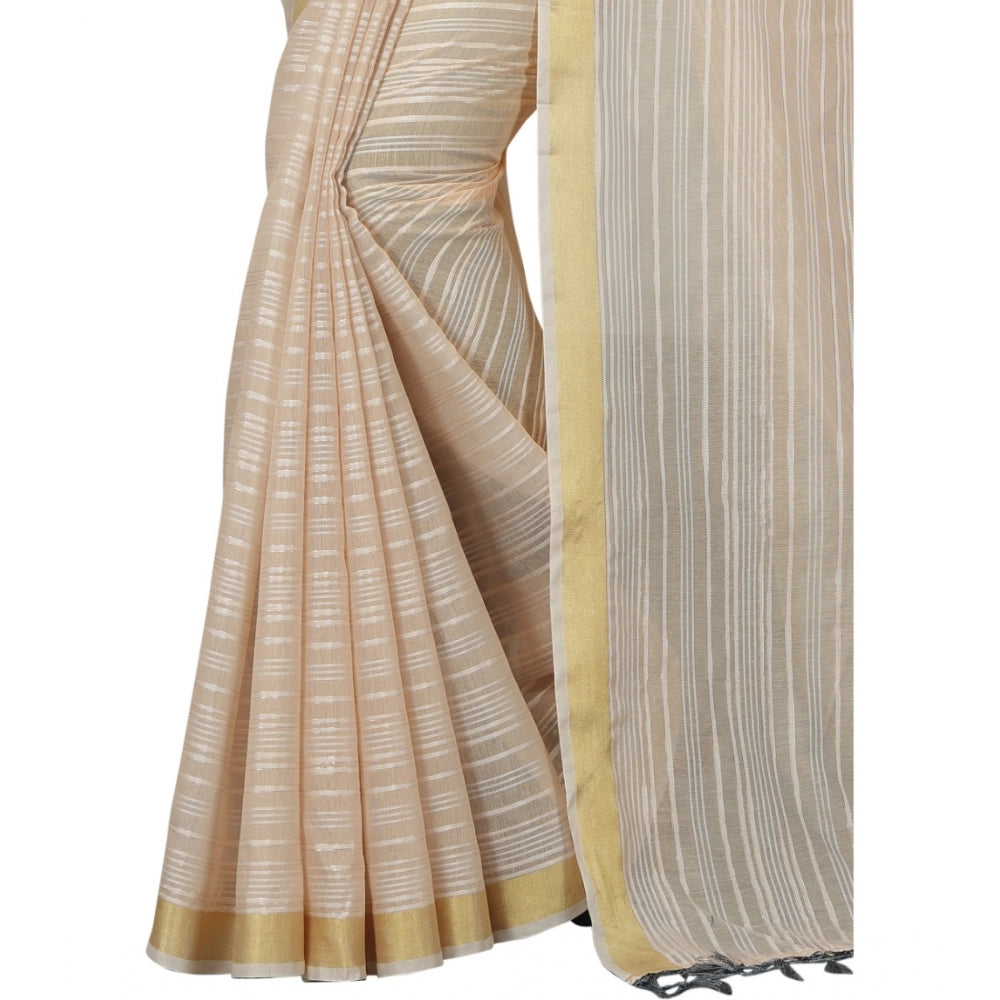 Generic Women's Cotton Blend Solid/Plain Saree With Unstitched Blouse 5.5Mtr (Beige)