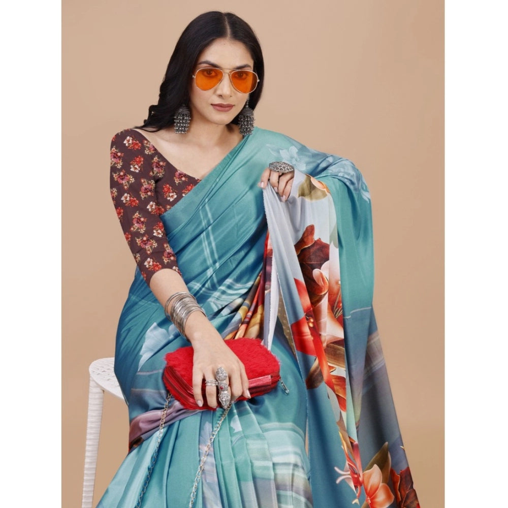 Generic Women's Crepe Digital Print Saree With Unstitched Blouse 5.5Mtr (Blue)