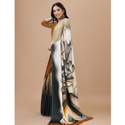 Generic Women's Crepe Digital Print Saree With Unstitched Blouse 5.5Mtr (Brown)