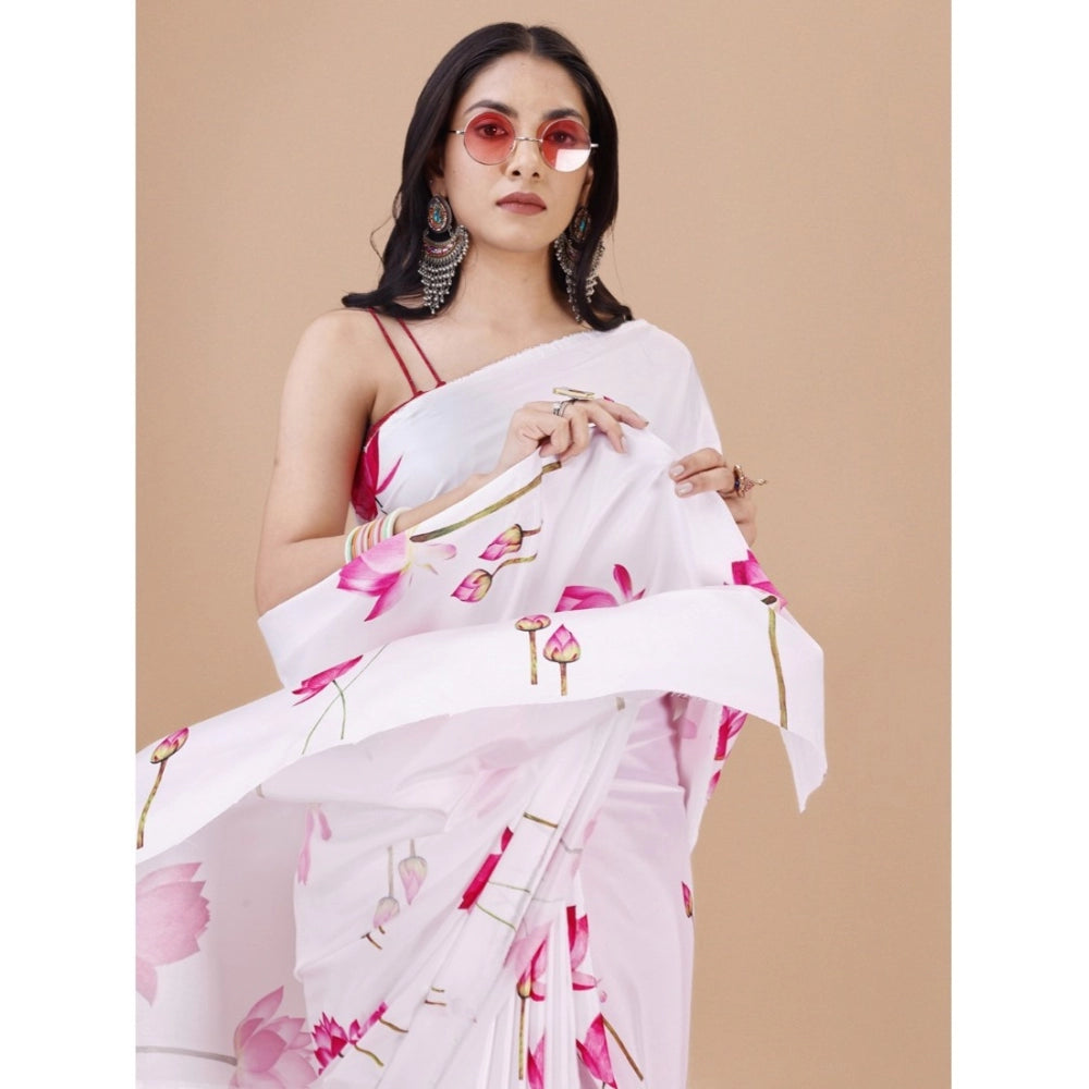 Generic Women's Crepe Digital Print Saree With Unstitched Blouse 5.5Mtr (White)