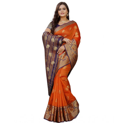 Generic Women's Silk Blend Woven Saree With Unstitched Blouse 5.5Mtr (Gold-Orange)