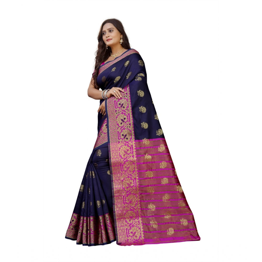 Generic Women's Silk Blend Woven Saree With Unstitched Blouse 5.5Mtr (Dark Blue-Pink)