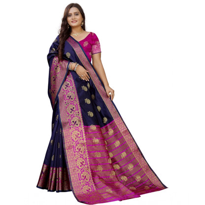 Generic Women's Silk Blend Woven Saree With Unstitched Blouse 5.5Mtr (Dark Blue-Pink)