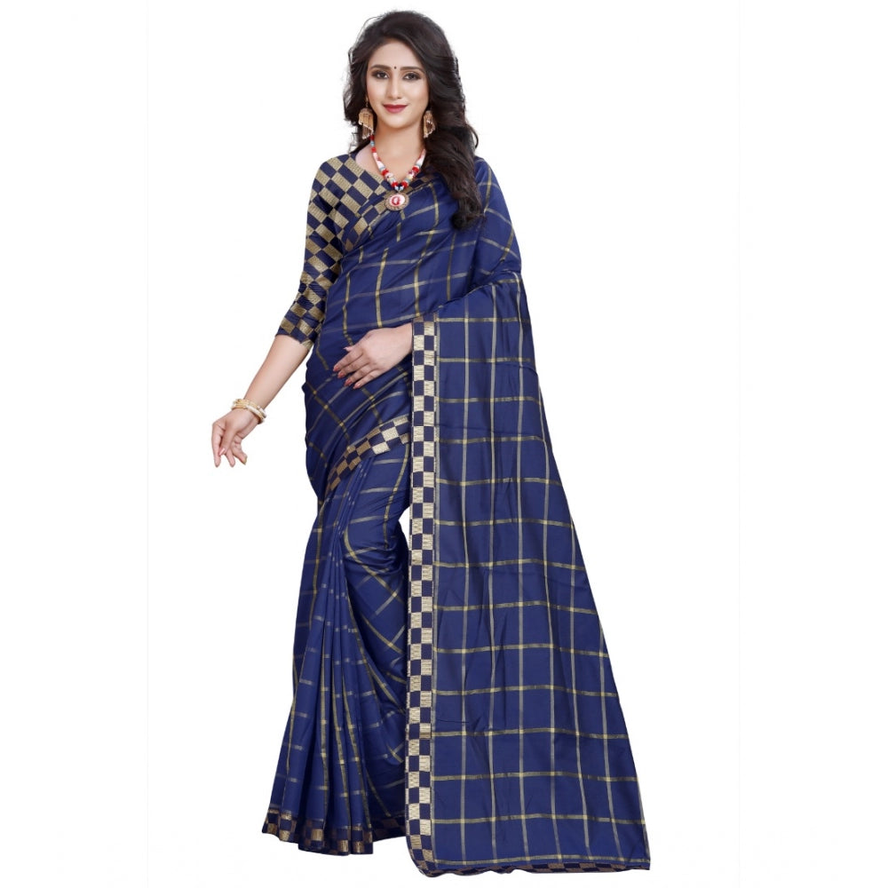 Generic Women's Cotton Silk Checkered Saree With Unstitched Blouse 5.5Mtr (Dark Blue)