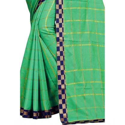 Generic Women's Cotton Silk Checkered Saree With Unstitched Blouse 5.5Mtr (Green)