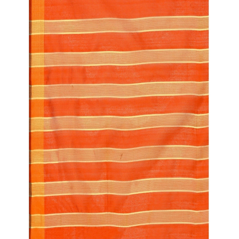 Generic Women's Cotton Silk Striped Saree With Unstitched Blouse 5.5Mtr (Orange)