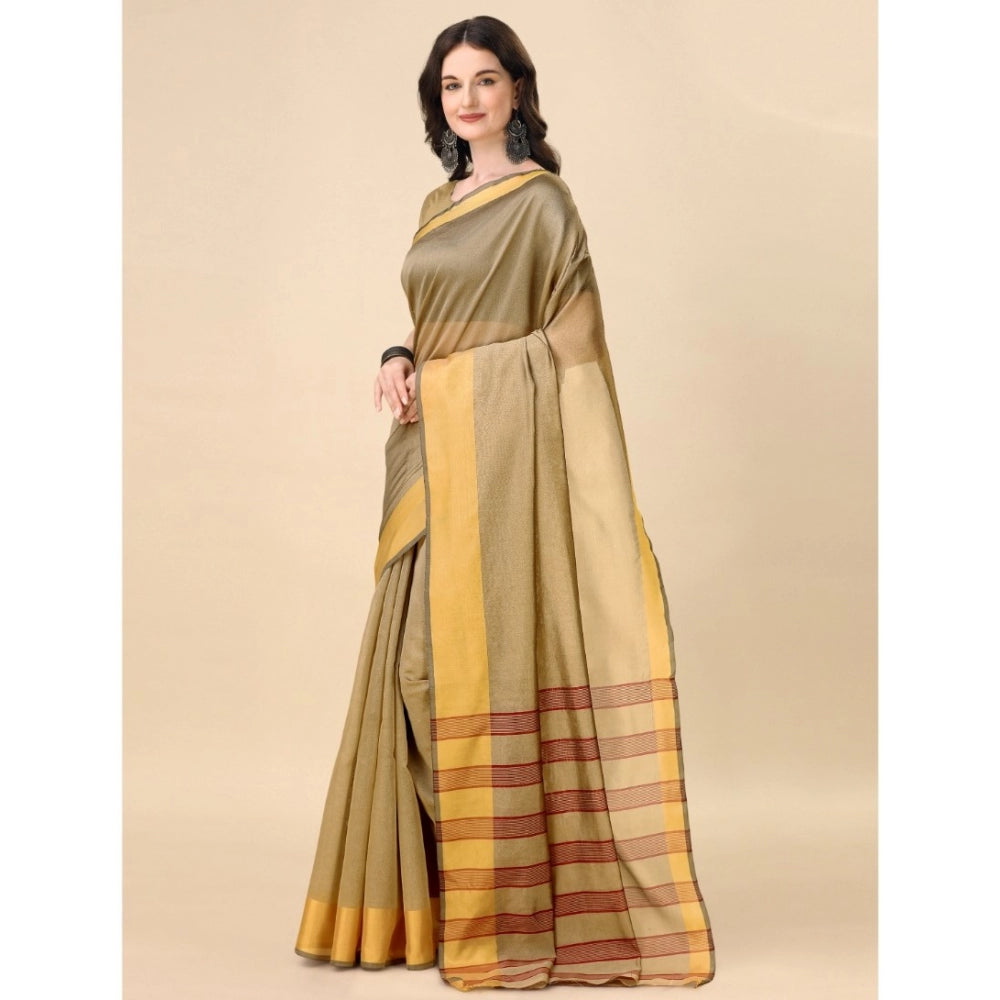 Generic Women's Cotton Silk Striped Saree With Unstitched Blouse 5.5Mtr (Cream)