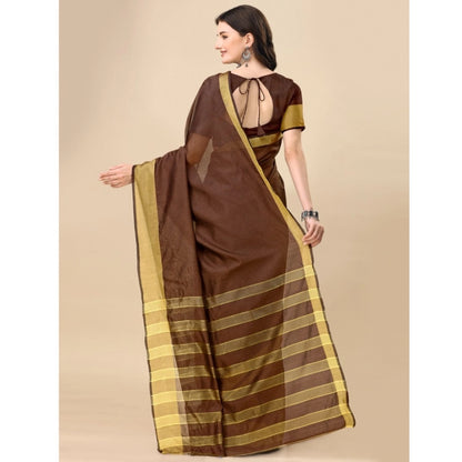 Generic Women's Cotton Silk Striped Saree With Unstitched Blouse 5.5Mtr (Brown)