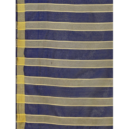 Generic Women's Cotton Silk Striped Saree With Unstitched Blouse 5.5Mtr (Dark Blue)