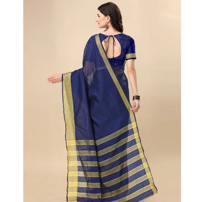 Generic Women's Cotton Silk Striped Saree With Unstitched Blouse 5.5Mtr (Dark Blue)