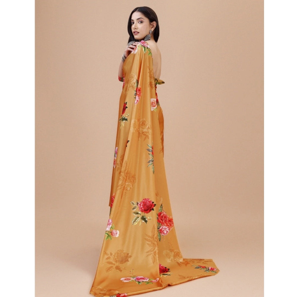 Generic Women's Crepe Digital Print Saree With Unstitched Blouse 5.5Mtr (Mustard)