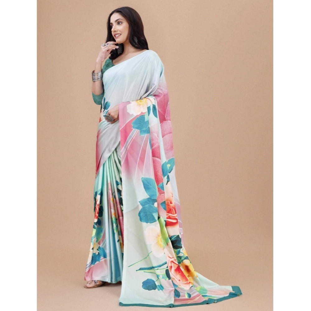 Generic Women's Crepe Digital Print Saree With Unstitched Blouse 5.5Mtr (Light Blue)