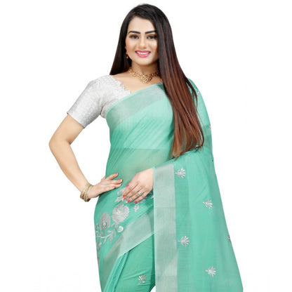 Generic Women's Cotton Silk Embroidered Saree With Unstitched Blouse 5.5Mtr (Light Green)