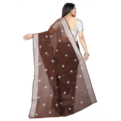 Generic Women's Cotton Silk Embroidered Saree With Unstitched Blouse 5.5Mtr (Brown)