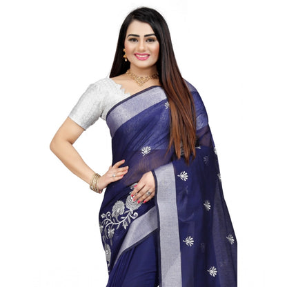 Generic Women's Cotton Silk Embroidered Saree With Unstitched Blouse 5.5Mtr (Blue)