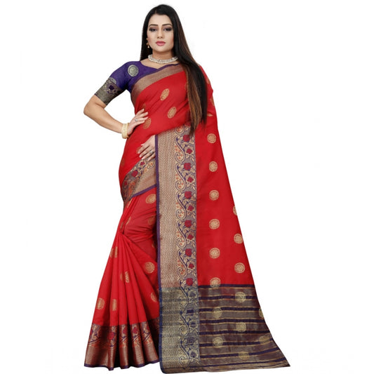 Generic Women's Silk Blend Woven Saree With Unstitched Blouse 5.5Mtr (Red-Blue)