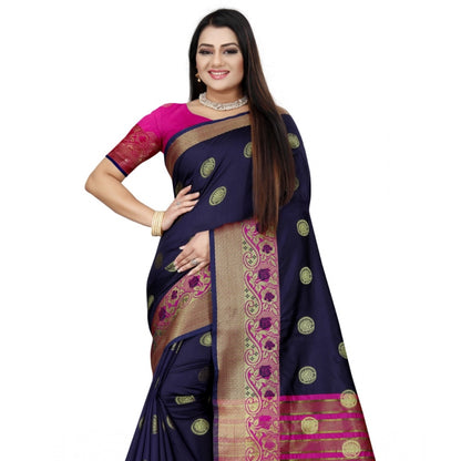 Generic Women's Silk Blend Woven Saree With Unstitched Blouse 5.5Mtr (Dark Blue-Pink)