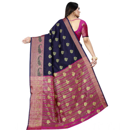 Generic Women's Silk Blend Woven Saree With Unstitched Blouse 5.5Mtr (Dark Blue-Pink)