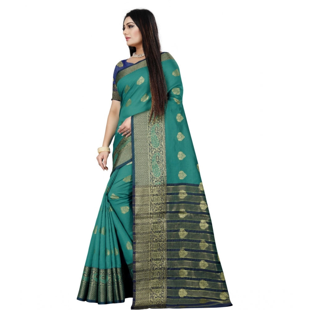 Generic Women's Silk Blend Woven Saree With Unstitched Blouse 5.5Mtr (Dark Blue-Green)