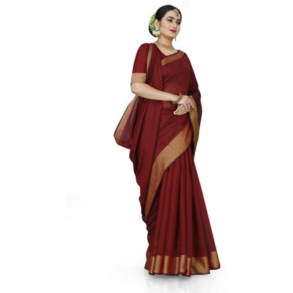 Generic Women's Cotton Silk Self Design Saree With Unstitched Blouse 5.5Mtr (Maroon)