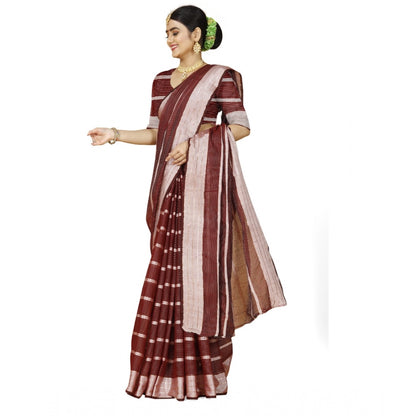 Generic Women's Cotton Silk Striped Saree With Unstitched Blouse 5.5Mtr (Red)