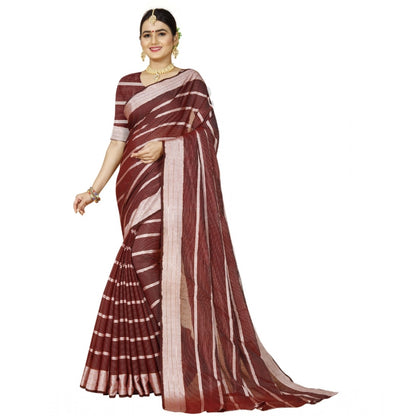 Generic Women's Cotton Silk Striped Saree With Unstitched Blouse 5.5Mtr (Red)