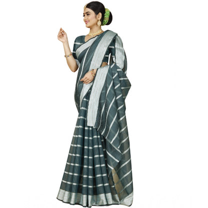 Generic Women's Cotton Silk Striped Saree With Unstitched Blouse 5.5Mtr (Dark Green)