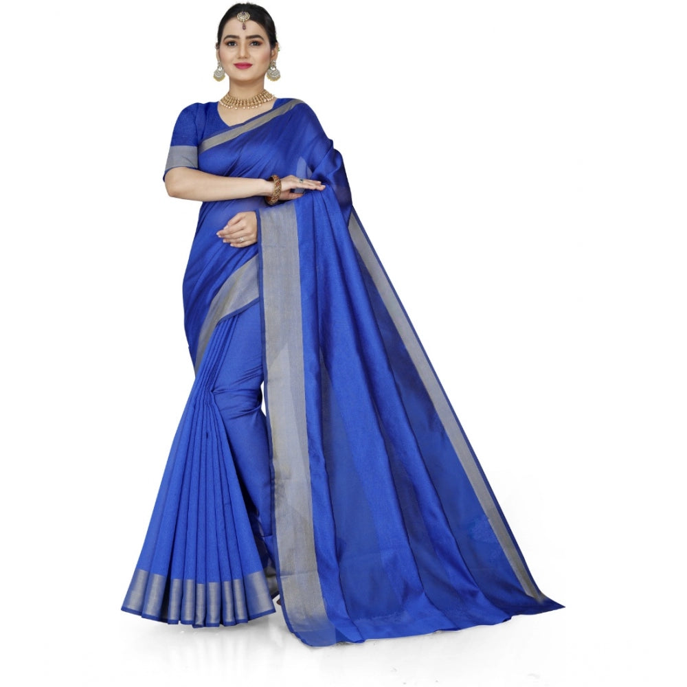 Generic Women's Cotton Silk Self Design Saree With Unstitched Blouse 5.5Mtr (Blue)