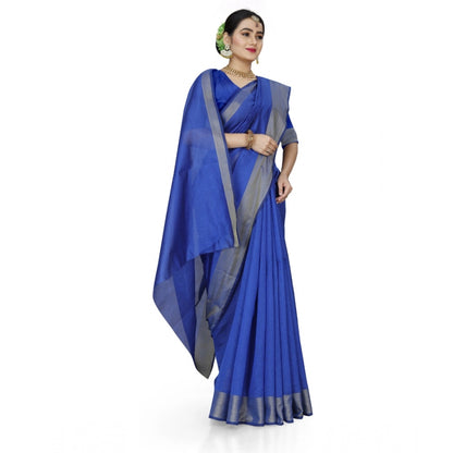 Generic Women's Cotton Silk Self Design Saree With Unstitched Blouse 5.5Mtr (Blue)