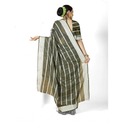 Generic Women's Cotton Silk Striped Saree With Unstitched Blouse 5.5Mtr (Green)