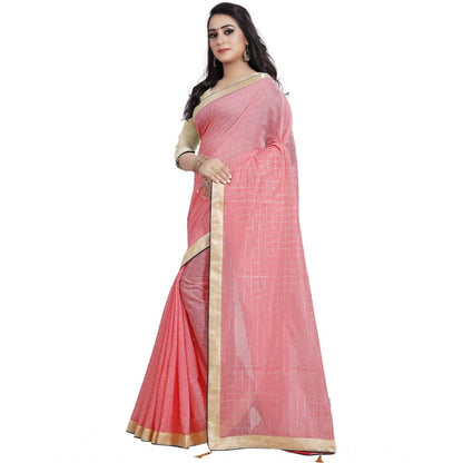 Generic Women's Cotton Silk Checkered Saree With Unstitched Blouse 5.5Mtr (Pink)