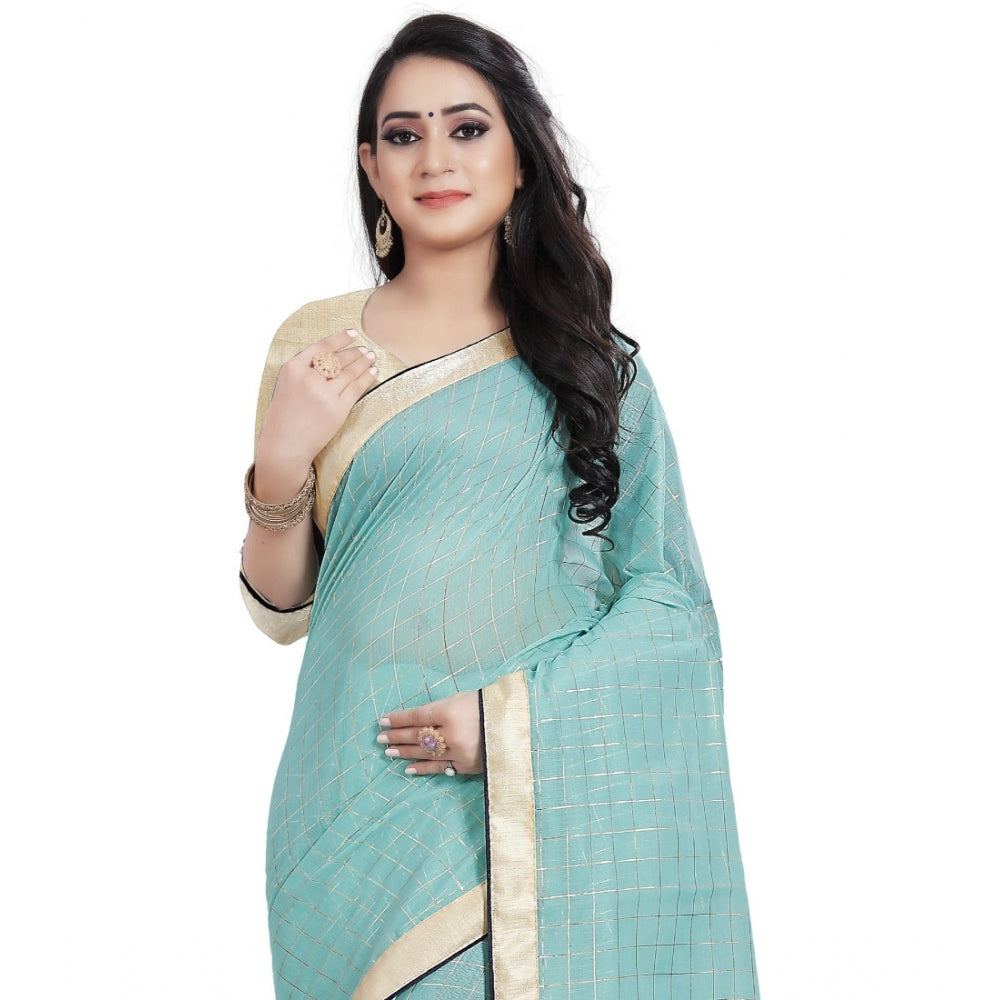 Generic Women's Cotton Silk Checkered Saree With Unstitched Blouse 5.5Mtr (Blue)