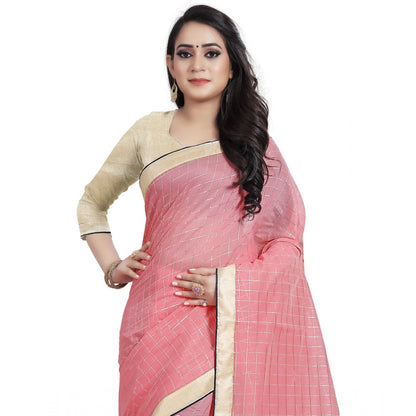 Generic Women's Cotton Silk Checkered Saree With Unstitched Blouse 5.5Mtr (Pink)