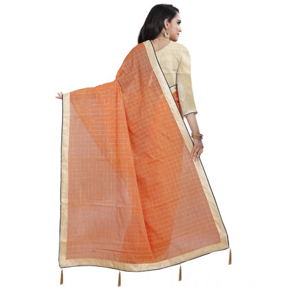 Generic Women's Cotton Silk Checkered Saree With Unstitched Blouse 5.5Mtr (Orange)