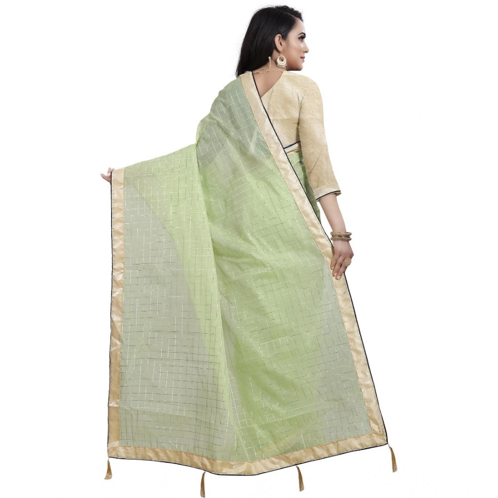 Generic Women's Cotton Silk Checkered Saree With Unstitched Blouse 5.5Mtr (Light Green)