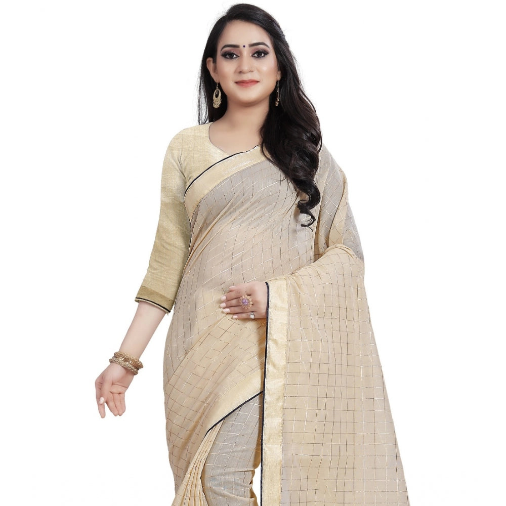 Generic Women's Cotton Silk Checkered Saree With Unstitched Blouse 5.5Mtr (Cream)