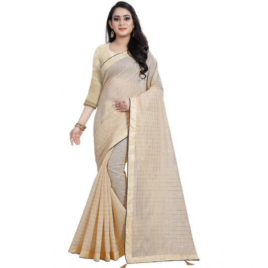 Generic Women's Cotton Silk Checkered Saree With Unstitched Blouse 5.5Mtr (Cream)