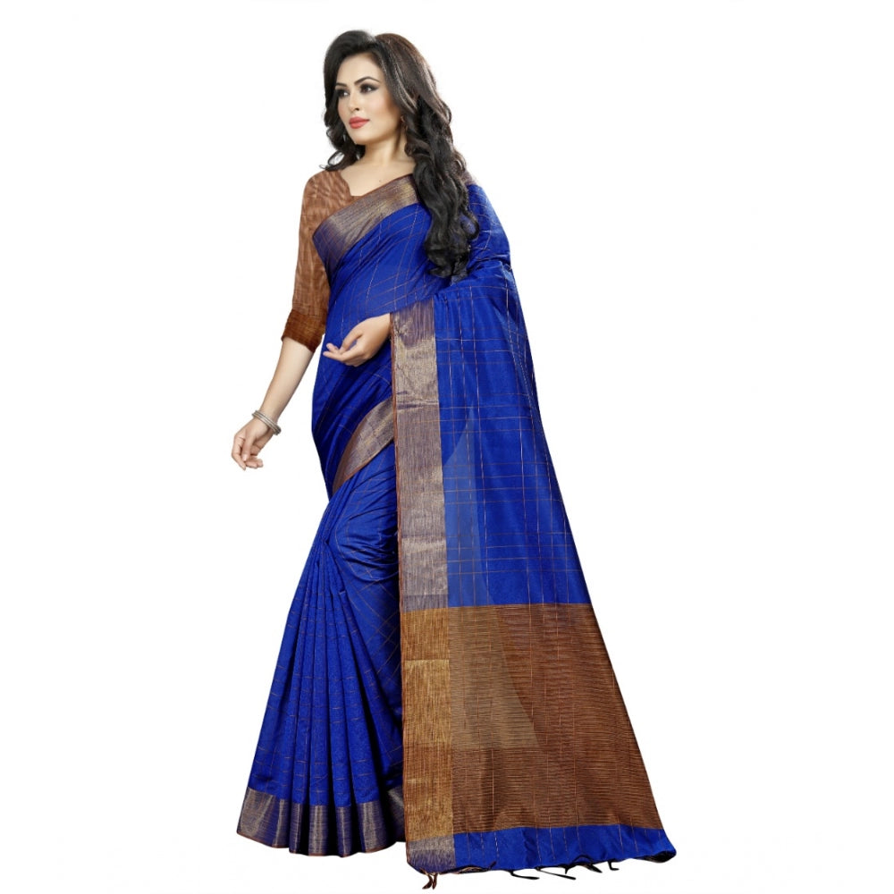 Generic Women's Cotton Silk Self Design Saree With Unstitched Blouse 5.5Mtr (Blue)