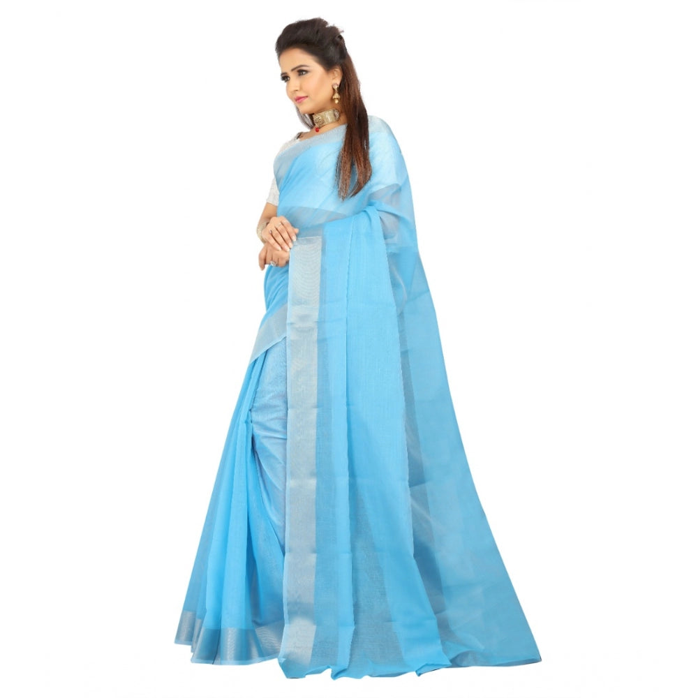 Generic Women's Cotton Silk Self Design Saree With Unstitched Blouse 5.5Mtr (Light Blue)