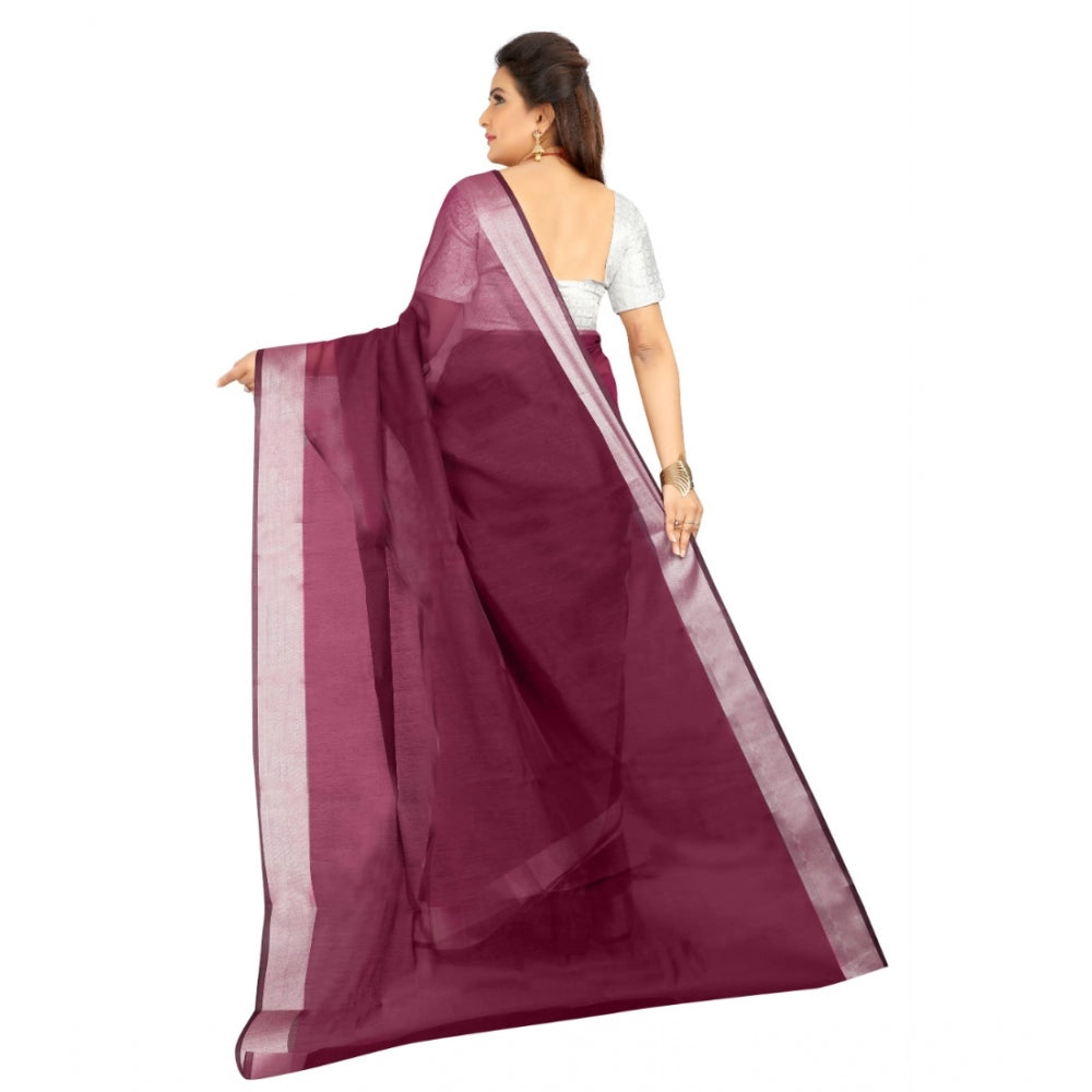 Generic Women's Cotton Silk Self Design Saree With Unstitched Blouse 5.5Mtr (Purple)