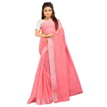 Generic Women's Cotton Silk Self Design Saree With Unstitched Blouse 5.5Mtr (Pink)