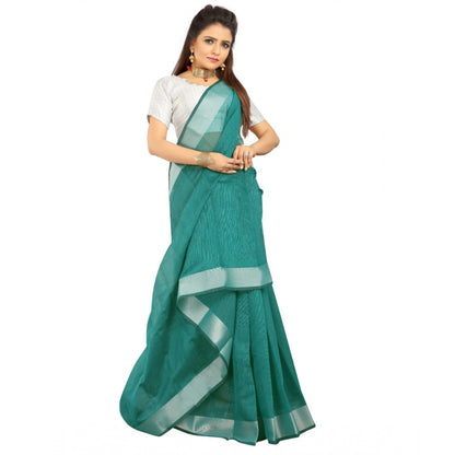 Generic Women's Cotton Silk Self Design Saree With Unstitched Blouse 5.5Mtr (Dark Green)