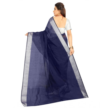 Generic Women's Cotton Silk Self Design Saree With Unstitched Blouse 5.5Mtr (Blue)