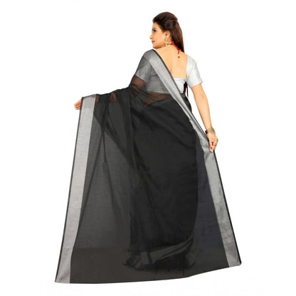 Generic Women's Cotton Silk Self Design Saree With Unstitched Blouse 5.5Mtr (Black)