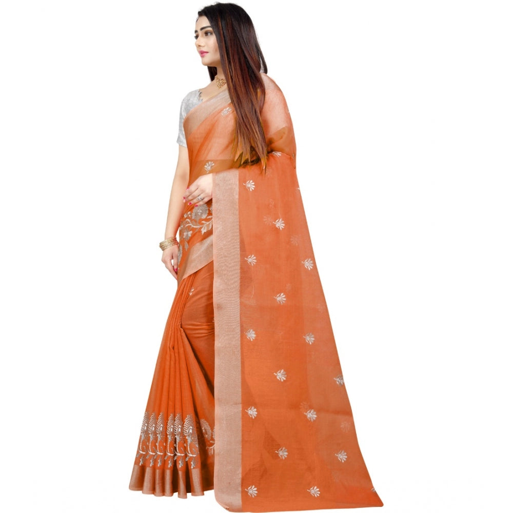 Generic Women's Cotton Silk Embroidered Saree With Unstitched Blouse 5.5Mtr (Orange)