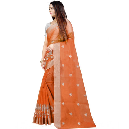 Generic Women's Cotton Silk Embroidered Saree With Unstitched Blouse 5.5Mtr (Orange)