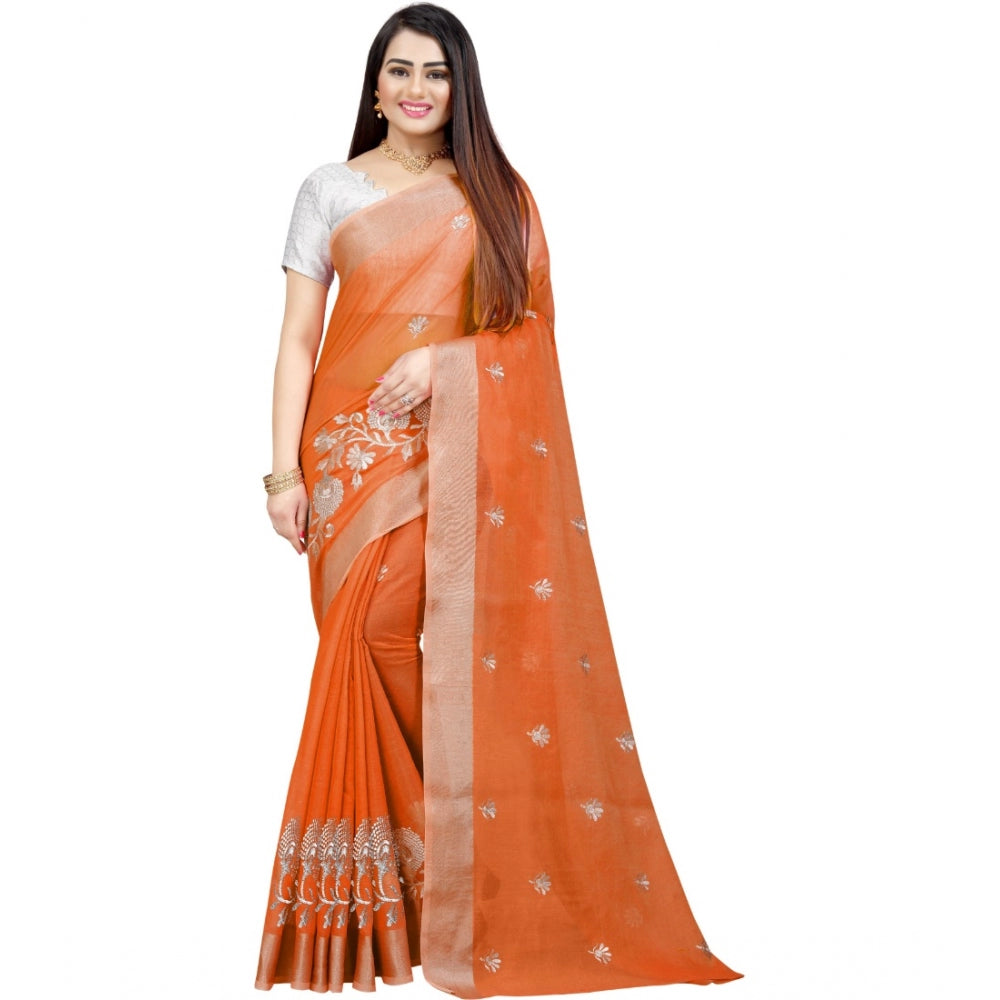 Generic Women's Cotton Silk Embroidered Saree With Unstitched Blouse 5.5Mtr (Orange)