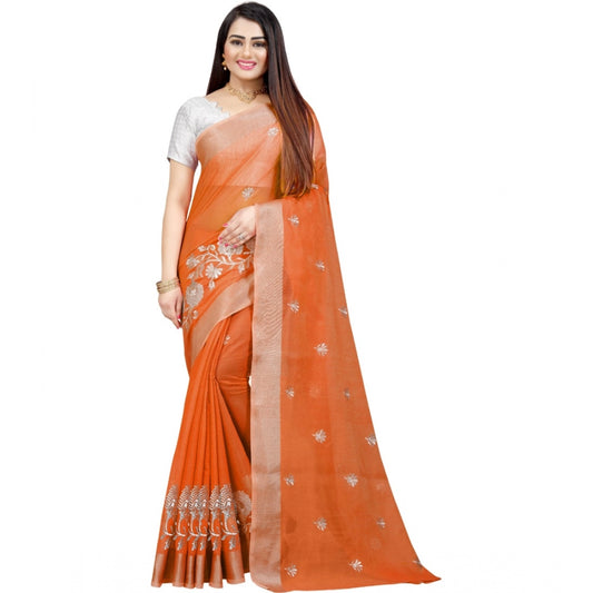 Generic Women's Cotton Silk Embroidered Saree With Unstitched Blouse 5.5Mtr (Orange)